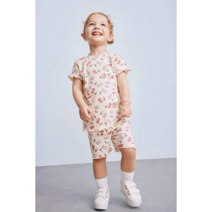 Defacto E0724 Ekru Kız Bebek 2li Takım Desenli Fitilli Kaşkorse Kısa Kollu Tişört Şort