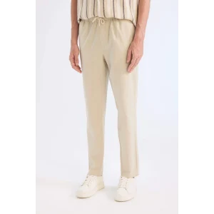 Defacto Z6475 Bej %100 Pamuk Keten Görünümlü Yazlık Jogger Pantolon Dar Paça Beli Bağcıklı Lastikli Cepli