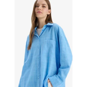 Defacto X2232 Mavi Oversize Geniş Kalıp Müslin Uzun Kollu Gömlek
