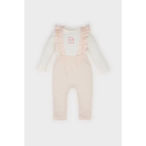 Defacto D9094 Pembe Kız Bebek 2li Takım Çiçekli Uzun Kollu Krinkıl Kumaş Tişört Salopet Tulum