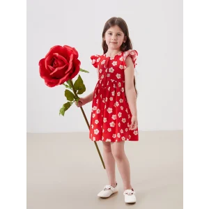 LCW Kids Kirmizi Bisiklet Yaka Çiçekli Kız Çocuk Poplin Elbise