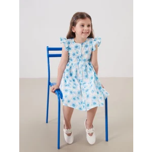 LCW Kids Mavi Bisiklet Yaka Çiçekli Kız Çocuk Poplin Elbise