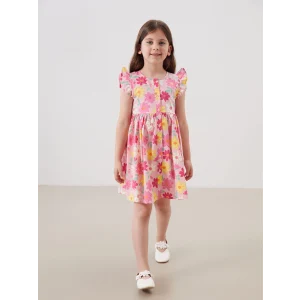 LCW Kids Pembe Bisiklet Yaka Çiçekli Kız Çocuk Poplin Elbise