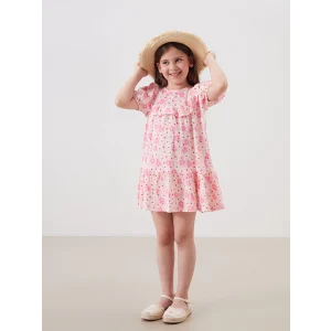 LCW Kids Pembe Çiçekli Krinkle Fırfırlı Kız Çocuk Elbise