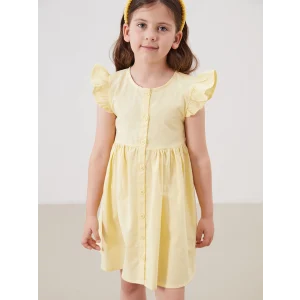 LCW Kids Sari Pileli Kız Çocuk Keten Görünümlü Gömlek Elbise