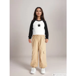 LCW Kids Bej Beli Lastikli Kız Çocuk Kargo Jogger Pantolon