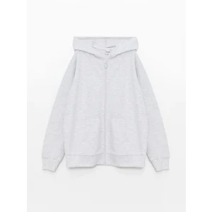 LCW Kids Gri Kapüşonlu Basic Uzun Kollu Kız Çocuk Fermuarlı Sweatshirt