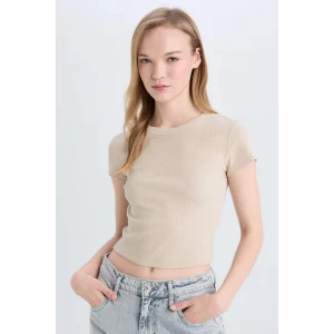 Defacto E0287 Bej Coool Fitted Fitilli Kaşkorse Basic Düz Kısa Kollu Tişört