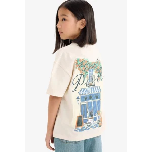 Defacto E0367 Ekru Kız Çocuk Oversize Geniş Kalıp Bisiklet Yaka Sırt Baskılı Kısa Kollu Tişört