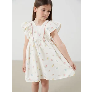 LCW Kids Bej Kare Yaka Keten Görünümlü Kız Çocuk Elbise