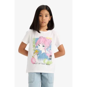 Defacto E0350 Beyaz Kız Çocuk Bisiklet Yaka Anime Baskılı Kısa Kollu Tişört