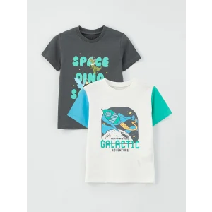 LCW baby Ekru Bisiklet Yaka Kısa Kollu Baskılı Erkek Bebek Tişört 2li