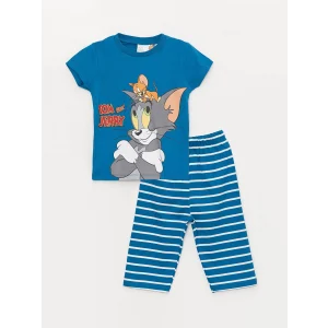 LCW baby Petrol Bisiklet Yaka Kısa Kollu Tom ve Jerry Baskılı Erkek Bebek Pijama Takımı