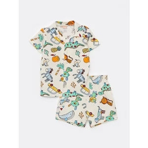 LCW baby Ekru Polo Yaka Kısa Kollu Desenli Erkek Bebek Pijama Takımı