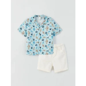 LCW baby Mavi Desenli Kısa Kollu Erkek Bebek Gömlek ve Şort 2li Takım
