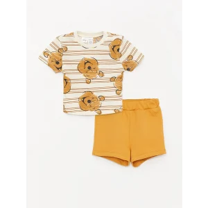LCW baby Bej Bisiklet Yaka Kısa Kollu Winnie the Pooh Erkek Bebek Tişört ve Şort 2li Takım