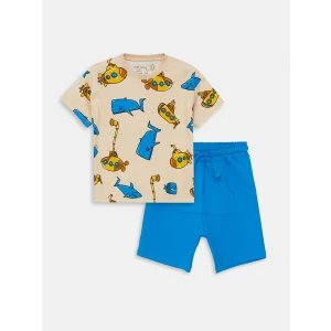 LCW baby Bej Bisiklet Yaka Kısa Kollu Baskılı Erkek Bebek Tişört ve Şort 2li Takım