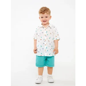LCW baby Ekru Desenli Kısa Kollu Erkek Bebek Gömlek ve Şort 2li Takım