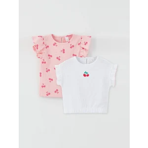 LCW baby Beyaz Bisiklet Yaka Baskılı Kız Bebek Tişört 2li