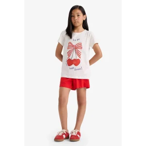 Defacto E0667 Ekru Kız Çocuk Pijama Takımı Baskılı Kısa Kollu Üst Beli Lastikli Şort