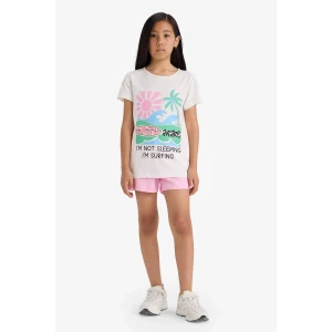 Defacto E0665 Ekru Kız Çocuk Pijama Takımı Baskılı Kısa Kollu Üst Beli Lastikli Şort