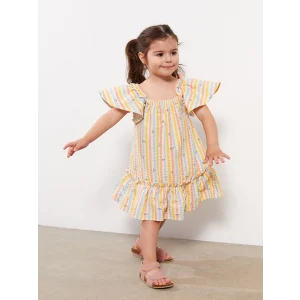 LCW baby Bej Kare Yaka Kısa Kollu Desenli Kız Bebek Elbise