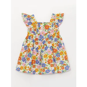 LCW baby Ekru Askılı Kare Yaka Baskılı Kız Bebek Elbise