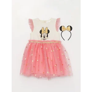 LCW baby Ekru Bisiklet Yaka Kısa Kollu Baskılı Kız Bebek Elbise ve Taç 2li Takım