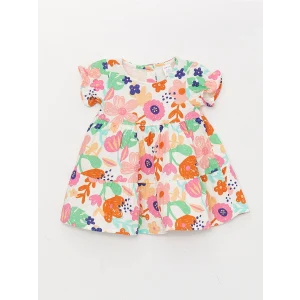 LCW baby Ekru Bisiklet Yaka Desenli Kız Bebek Elbise