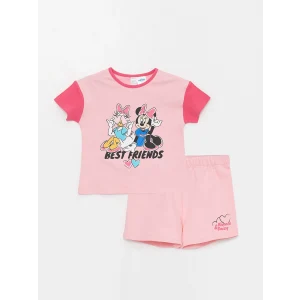 LCW baby Pembe Bisiklet Yaka Kısa Kollu Baskılı Kız Bebek Tişört ve Şort 2li Takım