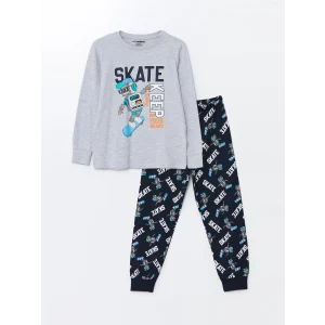 LCW Kids Gri Bisiklet Yaka Baskılı Uzun Kollu Erkek Çocuk Pijama Takımı