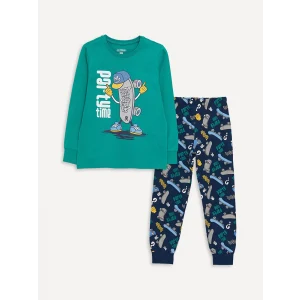LCW Kids Yeşil Bisiklet Yaka Baskılı Uzun Kollu Erkek Çocuk Pijama Takımı