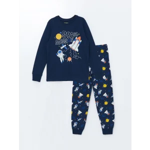 LCW Kids Lacivert Bisiklet Yaka Baskılı Uzun Kollu Erkek Çocuk Pijama Takımı