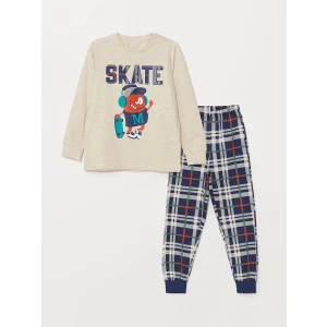LCW Kids Bej Bisiklet Yaka Baskılı Uzun Kollu Erkek Çocuk Pijama Takımı