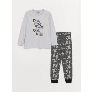 LCW Kids Gri Bisiklet Yaka Baskılı Uzun Kollu Erkek Çocuk Pijama Takımı