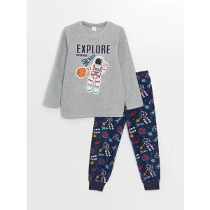 LCW Kids Gri Bisiklet Yaka Baskılı Uzun Kollu Polar Erkek Çocuk Pijama Takımı