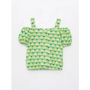LCW Kids Yeşil Kare Yaka Desenli Kısa Kollu Kız Çocuk Bluz