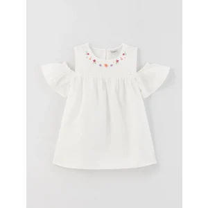 LCW Kids Ekru Bisiklet Yaka Baskılı Kısa Kollu Kız Çocuk Bluz