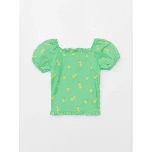 LCW Kids Yeşil Kare Yaka Desenli Kısa Kollu Kız Çocuk Bluz