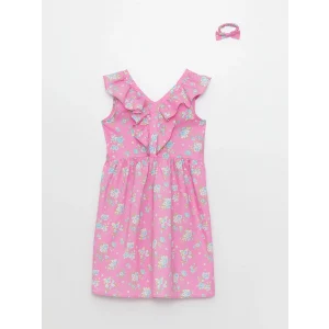 LCW Kids Pembe V Yaka Desenli Kısa Kollu Kız Çocuk Elbise ve Toka