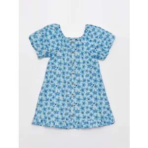 LCW Kids Mavi U Yaka Desenli Kısa Kollu Kız Çocuk Elbise