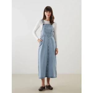 LCW Modest Indigo Kare Yaka Düz Askılı Kadın Jean Salopet Elbise