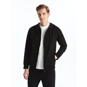 LCWAIKIKI Basic Siyah Kapüşonlu Uzun Kollu Erkek Fermuarlı Sweatshirt