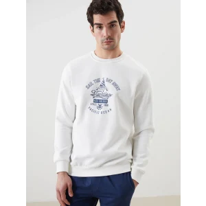 LCWAIKIKI Classic Ekru Bisiklet Yaka Baskılı Erkek Kalın Sweatshirt