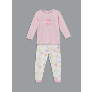 LCW Kids Pembe Bisiklet Yaka Baskılı Kız Çocuk Pijama Takımı
