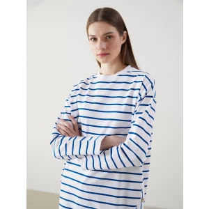 LCW Modest Mavi Bisiklet Yaka Çizgili Kadın Sweatshirt Tunik