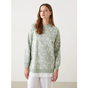 LCW Modest Yeşil Bisiklet Yaka Desenli Kadın Sweatshirt Tunik