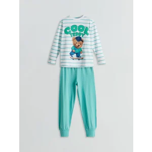 LCW Kids Beyaz Bisiklet Yaka Ayı Teddy Baskılı Erkek Çocuk Pijama Takımı