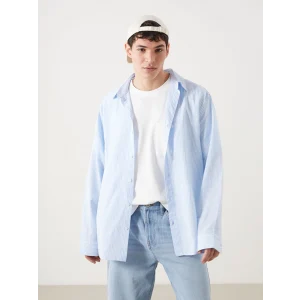 XSIDE Mavi Regular Fit Uzun Kollu Çizgili Keten Karışımlı Erkek Gömlek