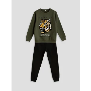 LCW Kids Yeşil Bisiklet Yaka Kaplan Baskılı Erkek Çocuk Eşofman Takımı